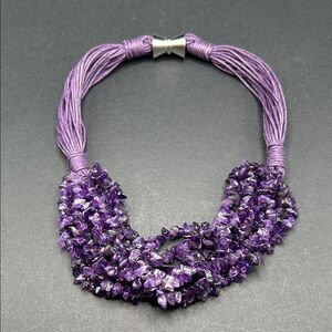 Genuine Amethyst Chip Beaded Purple Multi Cord Collar Necklace